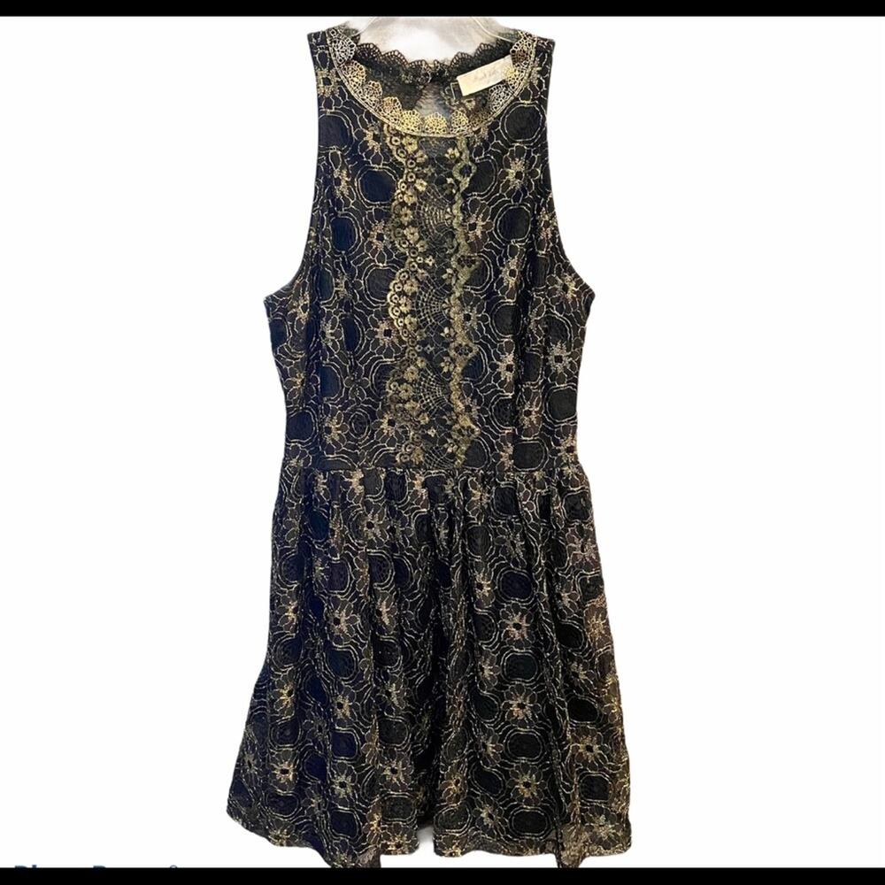 Alter’d State Boho Glam Black and Gold Metallic Lace Feminine Party Dress